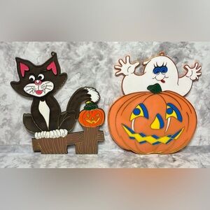 Vintage Halloween Suncatcher Pumpkin & Black Cat Window Decor Ornament Plastic